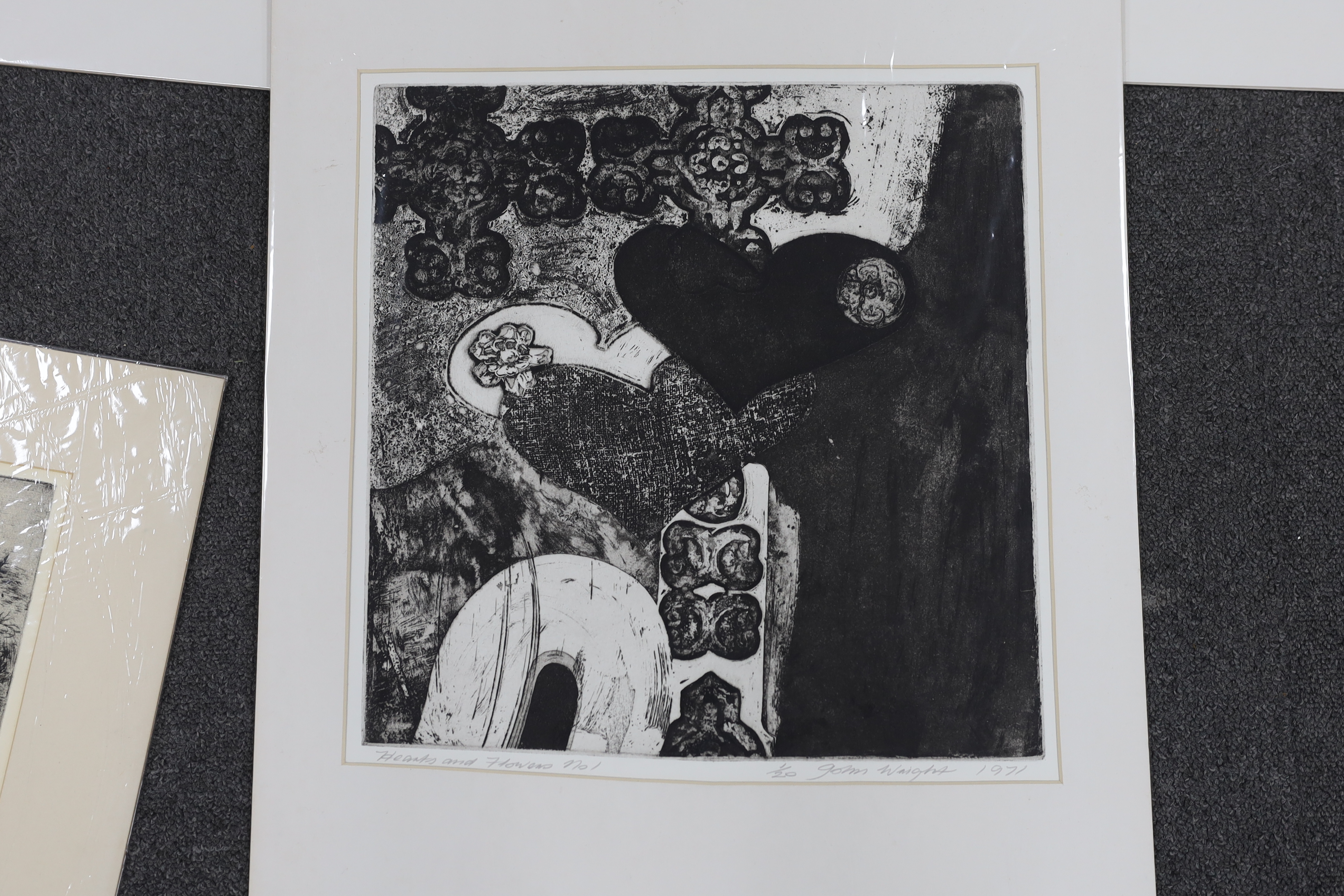 John Wright RE, ARCA (1927-2001), five prints, including ‘The Sentinel’, ‘The Protected One’ and ‘Hearts & Flowers’, each signed and dated in pencil, three limited edition, mounted, unframed, largest 52 x 39cm